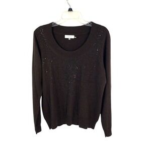 Calvin Klein Women's Wool Blend Brown‎ Beaded Pullover Sweater Sz L Sparkly